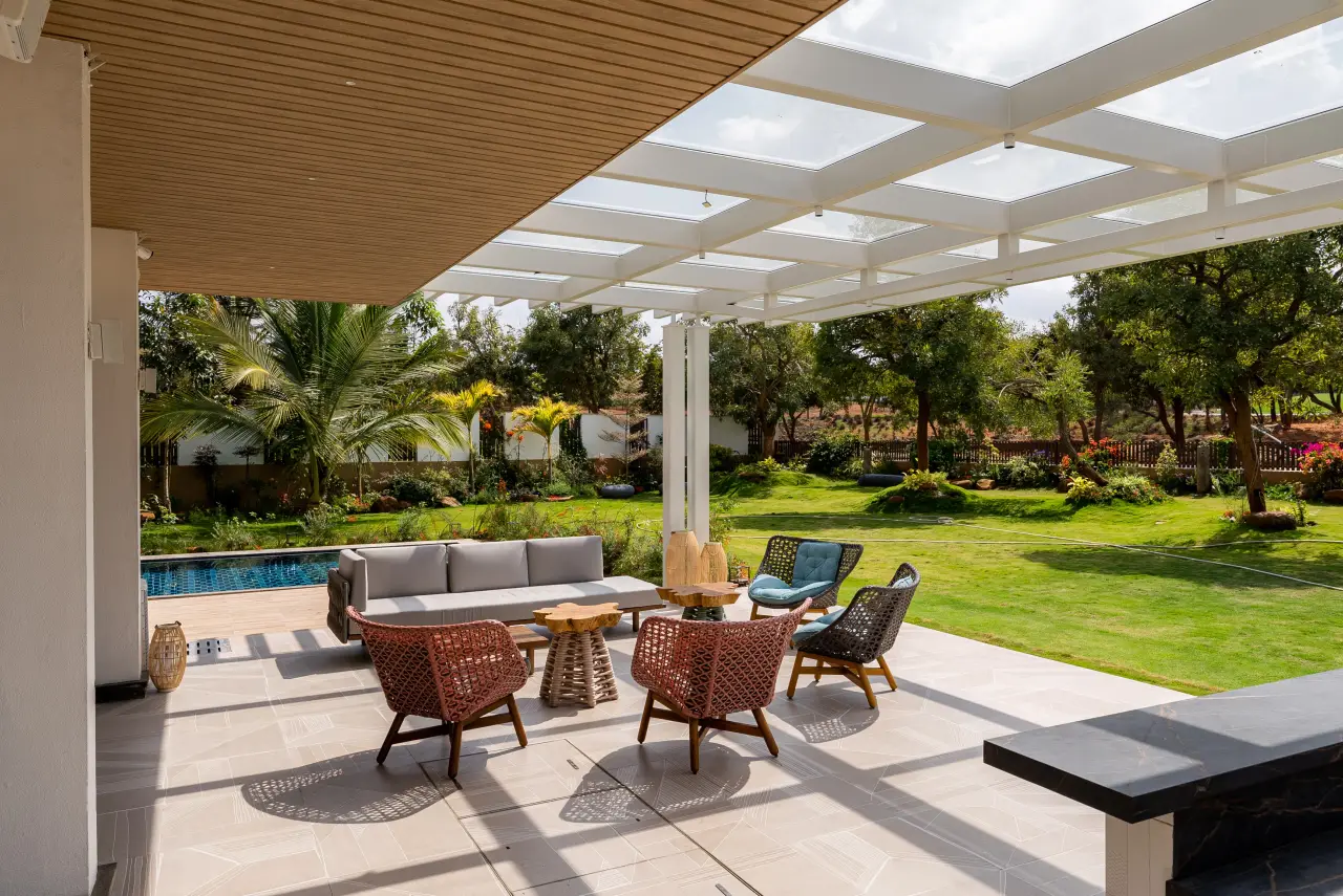 IMAC wood-finish architectural ceiling over an outdoor living space